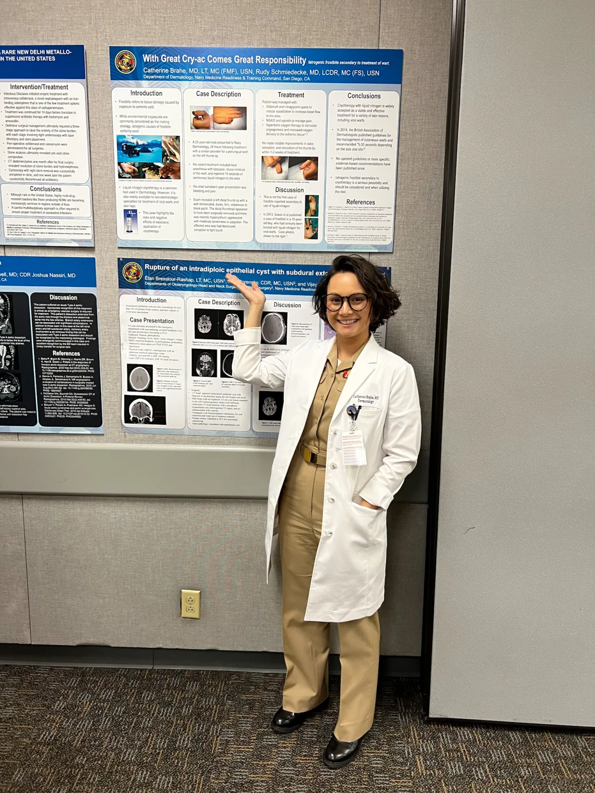 Dr. Brahe presenting dermatology research poster during residency at Naval Medical Center San Diego