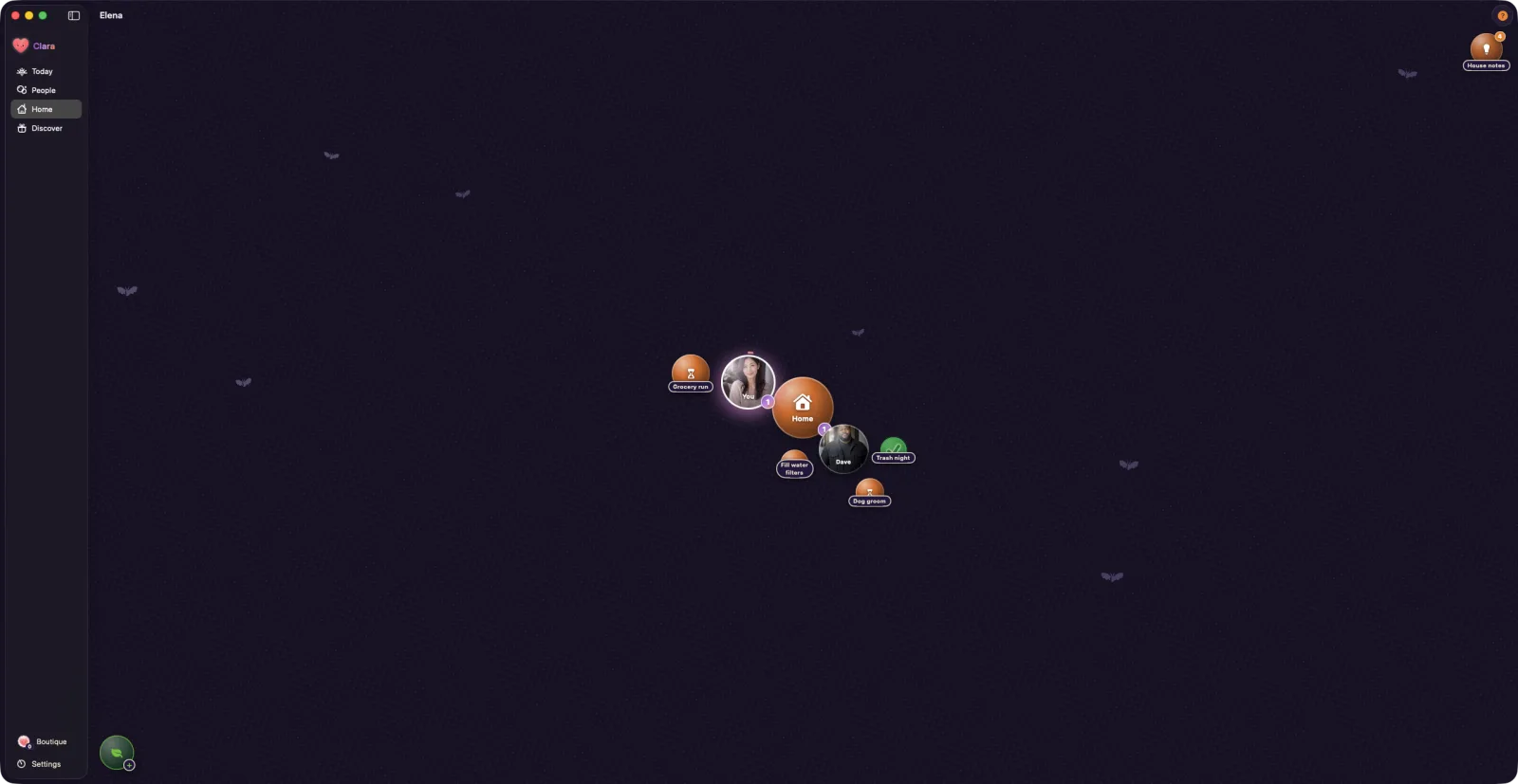 Clara's household view with tasks orbiting the people who own them