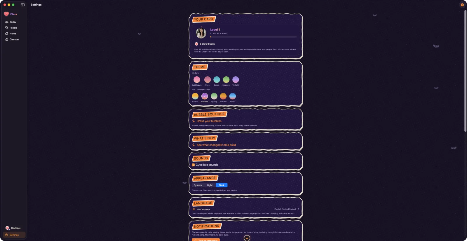Clara's settings, where reminders and the weekly digest are configured